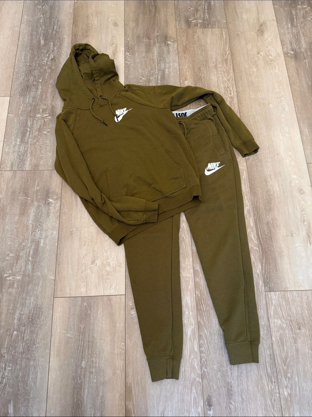 Nike Ladies Olive Fleece Jogger Set with White Swoosh